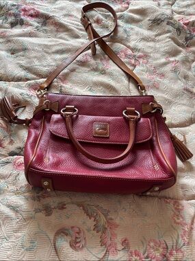 Dooney & Bourke Burgundy Pebbled Leather Satchel with Tan Trim